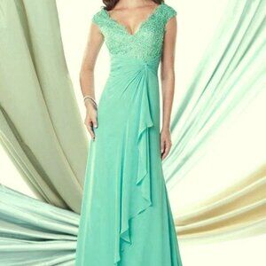 Montage By Mon Cheri Sage Green Beaded Embroidered Chiffon Gown